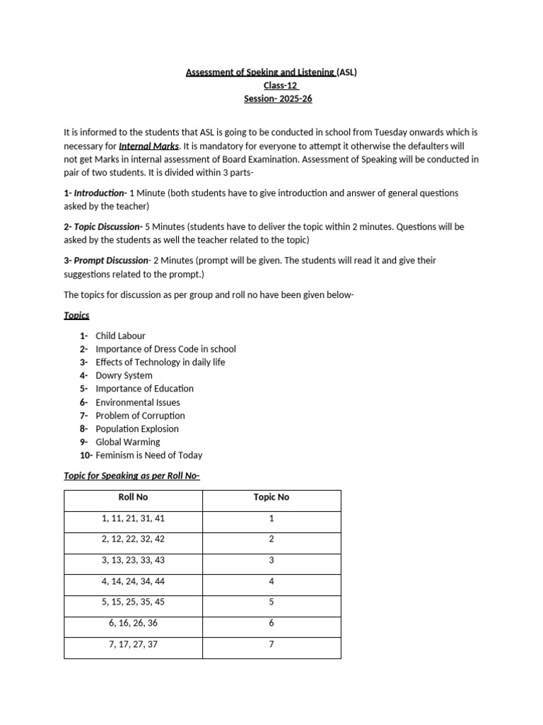 Class 12 ASL Assessment Schedule 2025-26 | PDF