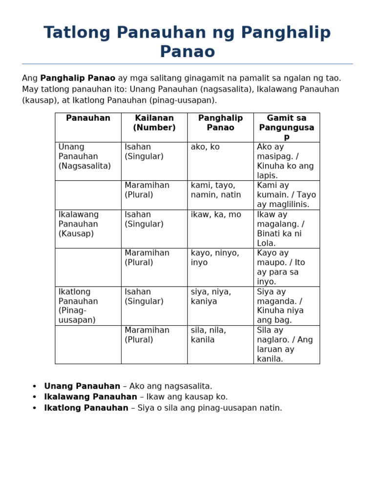 Tatlong Panauhan Ng Panghalip Panao | PDF
