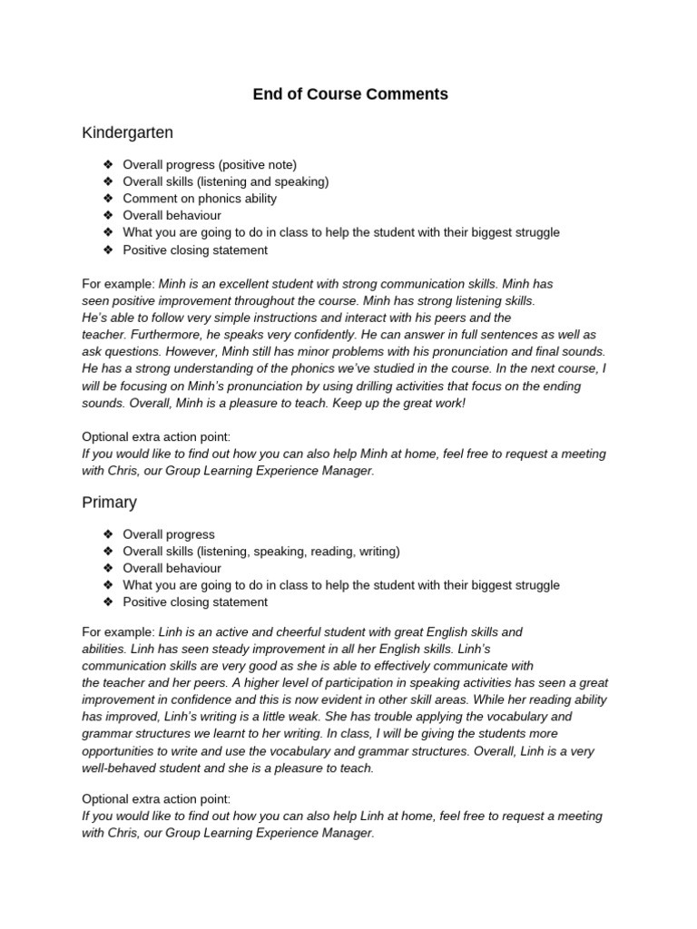 End of Course Comments | PDF