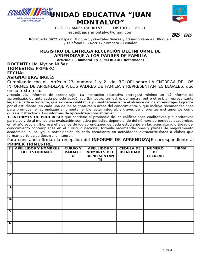 Informe de Aprendizaje Primer Trimestre | PDF
