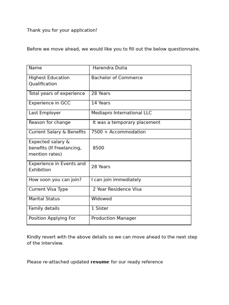 Production Manager Application Questionnaire | PDF