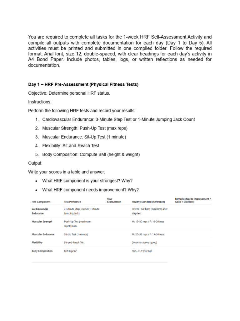 HRF Self-Assessment Activity Guide | PDF | Dieting | Physical Fitness