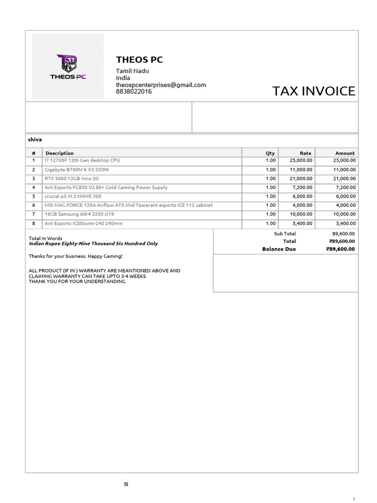 Tax Invoice for Gaming PC Components | PDF