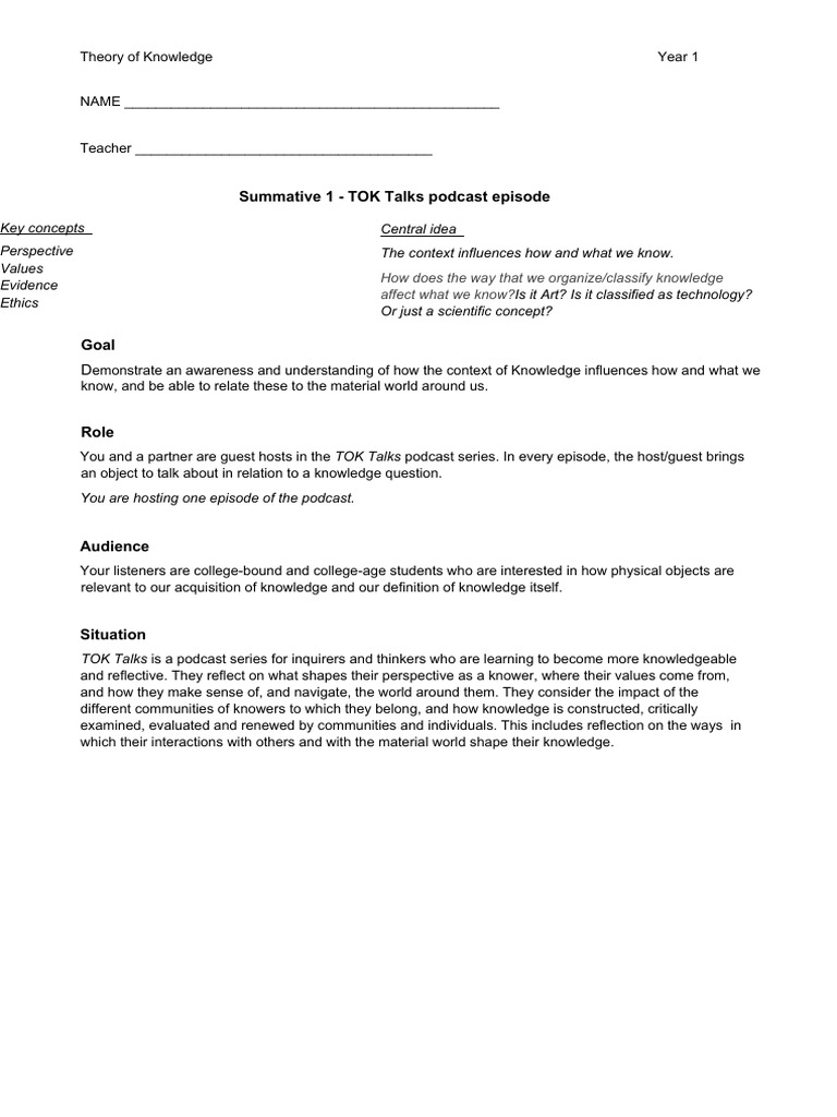 Unit 1 TOK Talks Task Sheet and Rubric | PDF | Knowledge | Epistemology