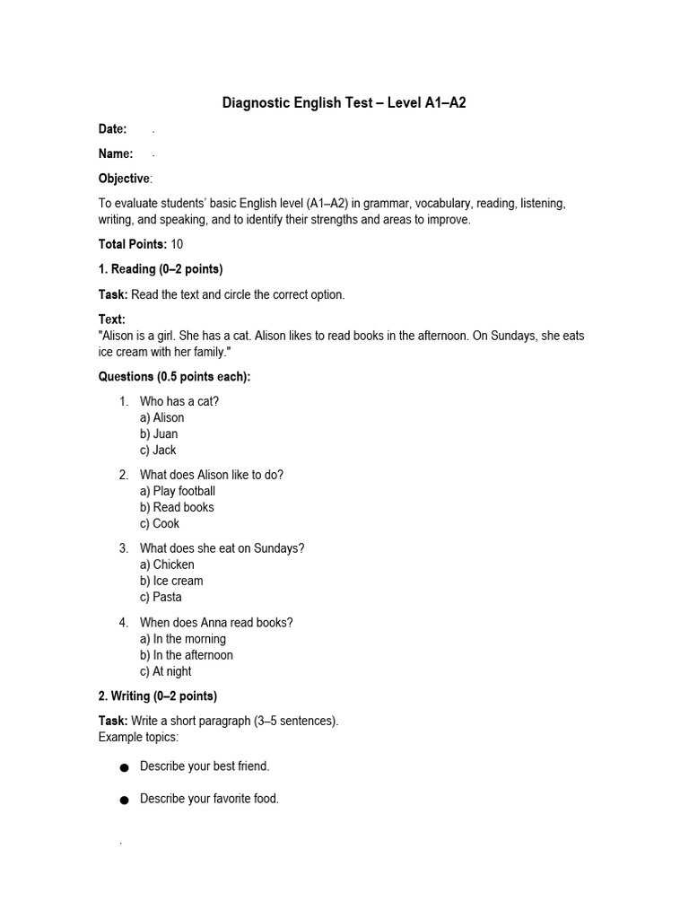 A1-A2 Diagnostic English Test Guide | PDF | Human Communication ...