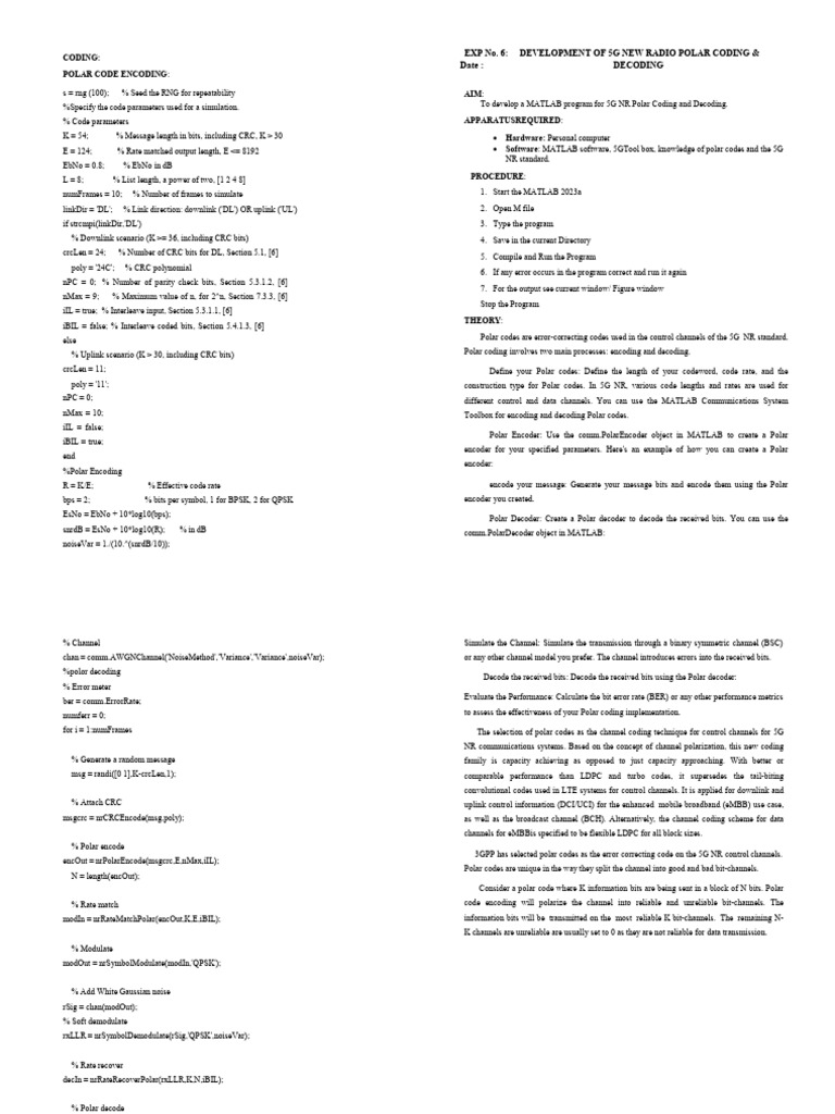 5G NR Polar Coding MATLAB Simulation | PDF | Low Density Parity Check ...