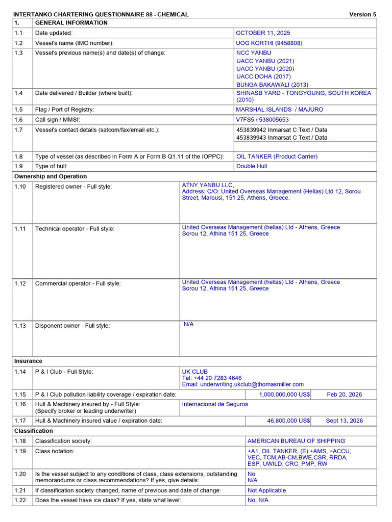 INTERCARGO Chemical Tanker Questionnaire | PDF | Tonnage | Pump