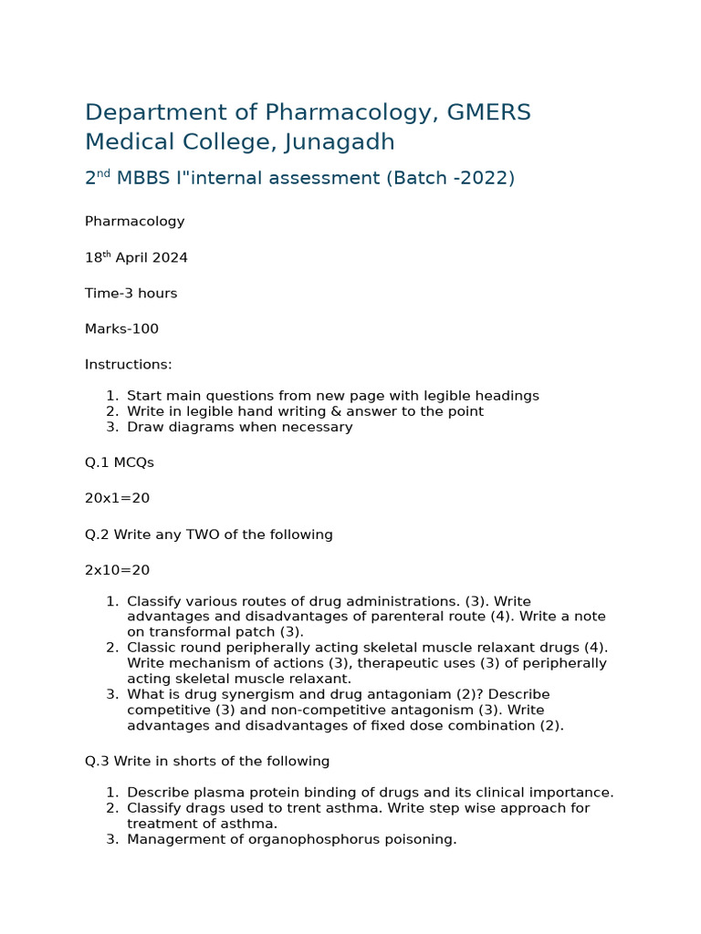 MBBS Pharmacology Internal Assessment Guide | PDF | Receptor Antagonist ...