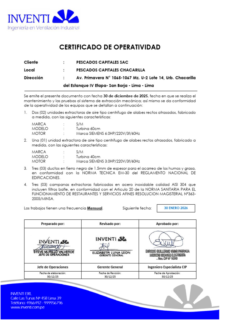 Certificado de Operatividad de Extractores | PDF