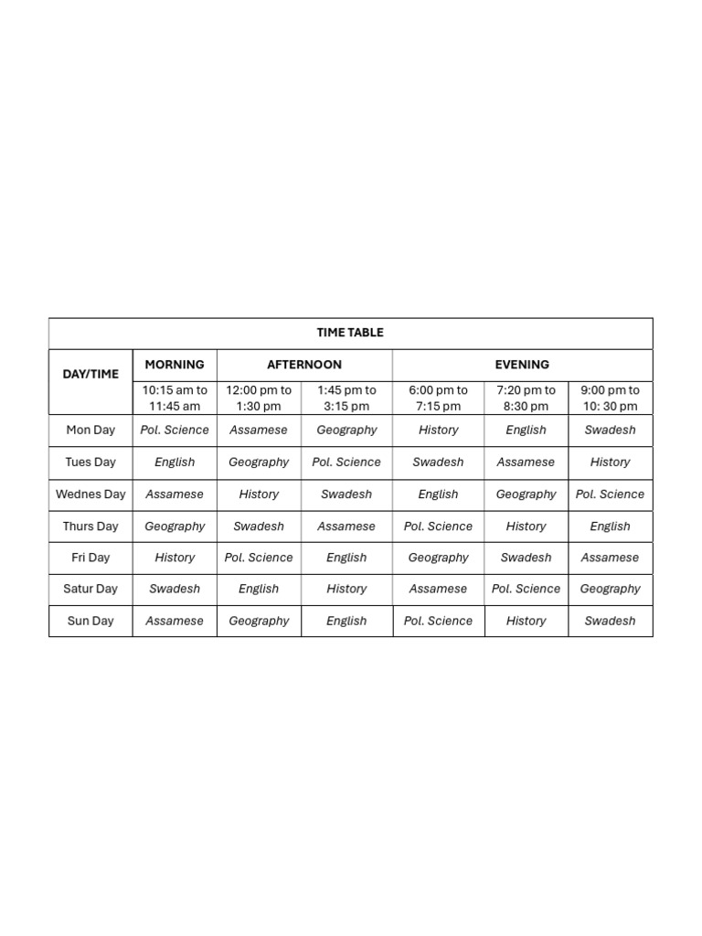Weekly Class Schedule Timetable | PDF