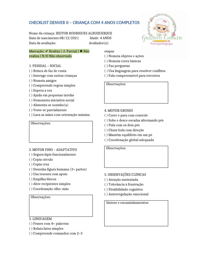 Checklist Denver II para Crianças de 4 Anos | PDF