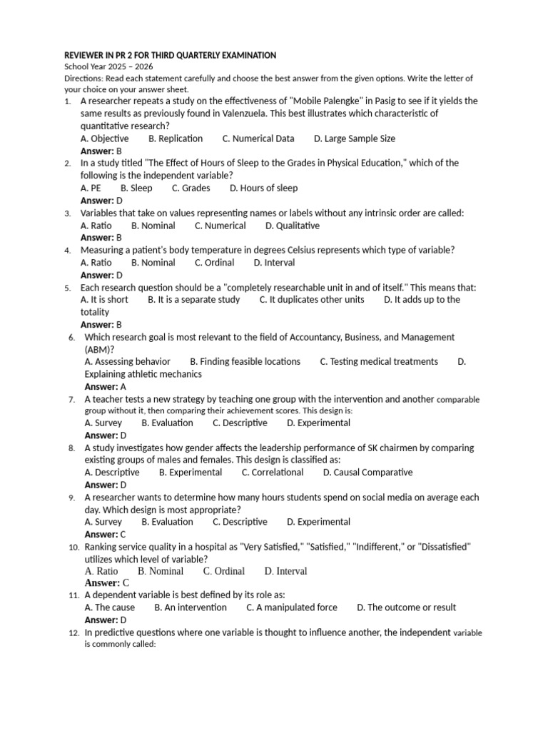 PR 2 Reviewer for Q3 Exam 2025-2026 | PDF | Quantitative Research ...