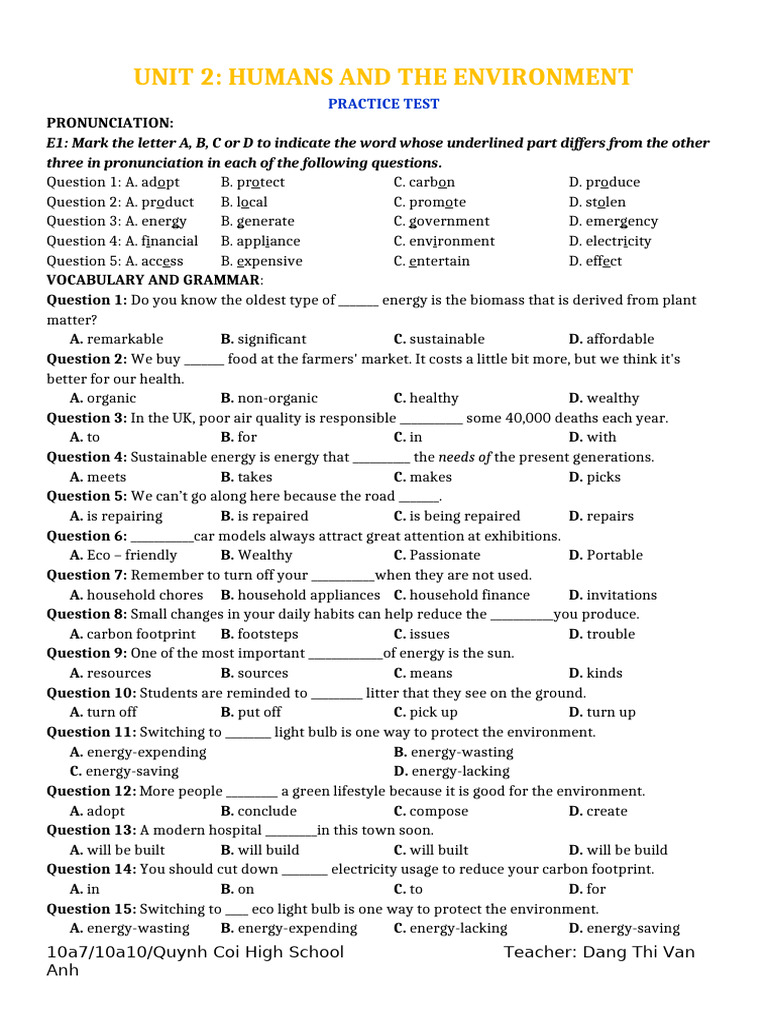 Humans and Environment Practice Test | PDF | Energy Conservation