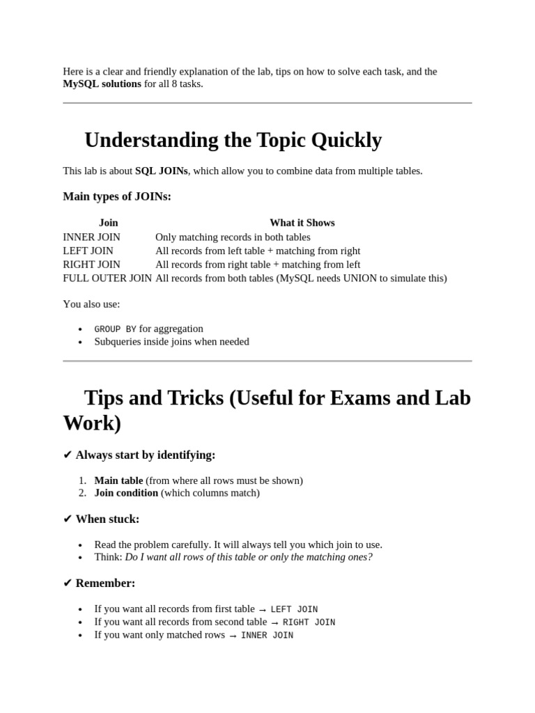 MySQL JOINs Lab Guide and Solutions | PDF | Information Retrieval | Sql
