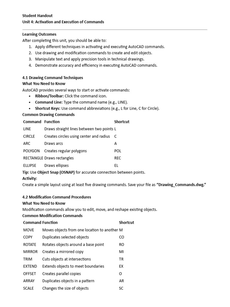 AutoCAD Command Techniques Guide | PDF | Geometry | Elementary Geometry