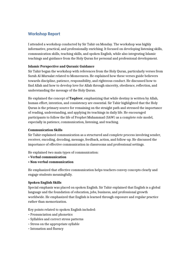 Workshop on Communication and Teaching Skills | PDF | Learning | Human ...
