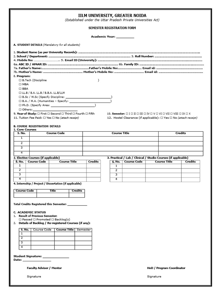 IILM University Semester Registration Form | PDF | Vocational Education ...
