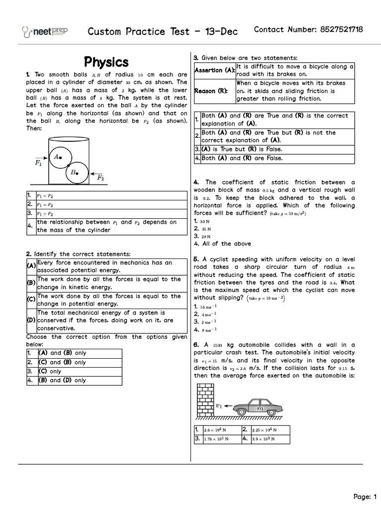 Physics Practice Test Questions | PDF | Force | Friction