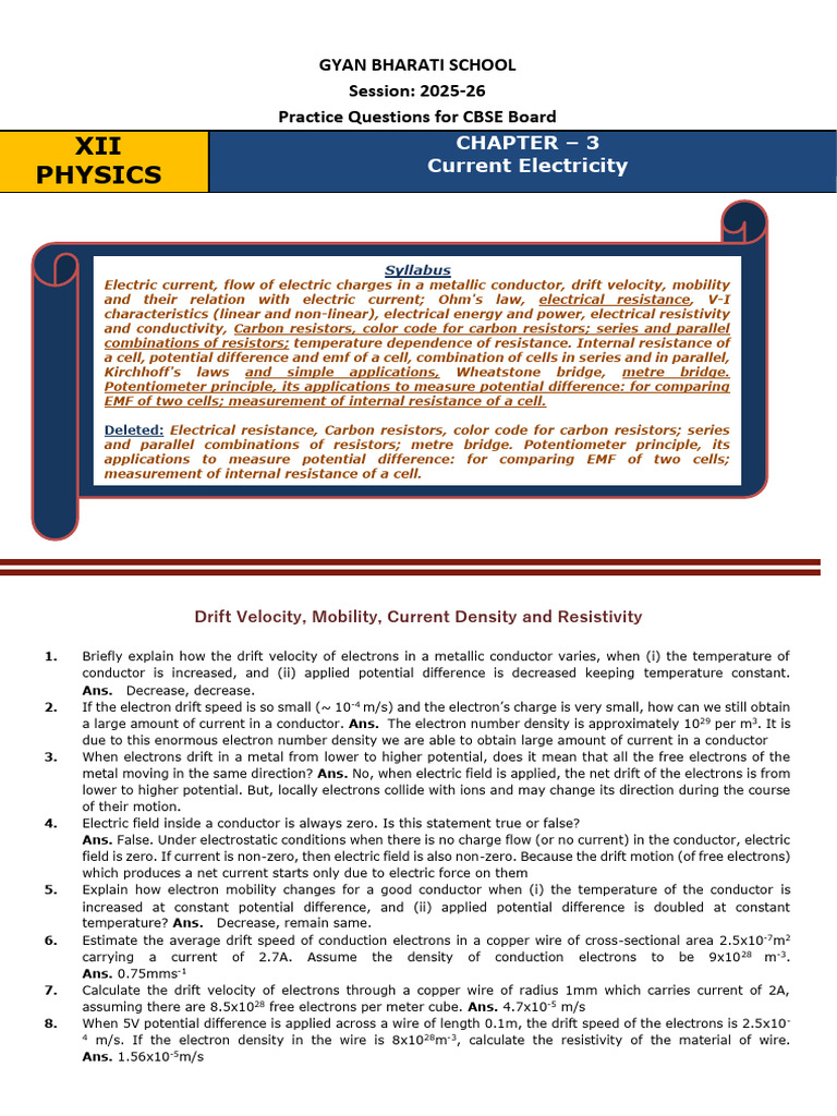 CBSE Practice Questions: Current Electricity | PDF | Electrical ...