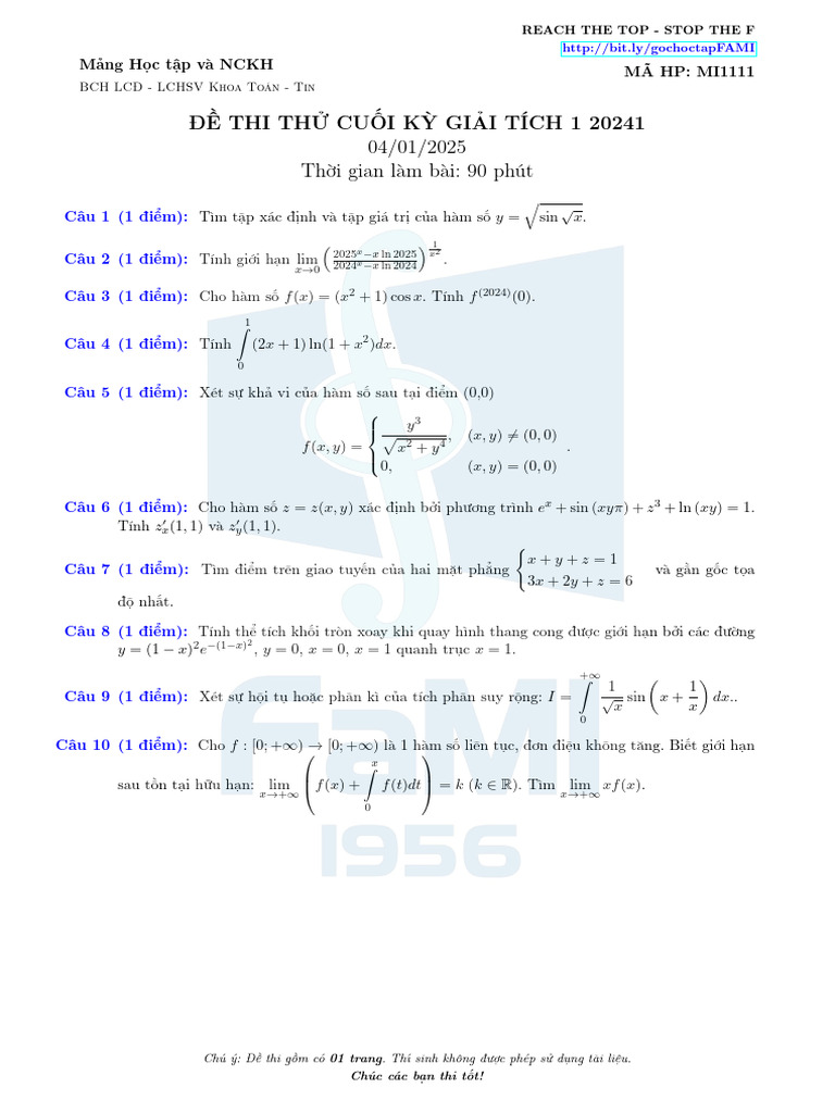 Đề Thi Thử CK Giải Tích 1 NN1 20241 | PDF