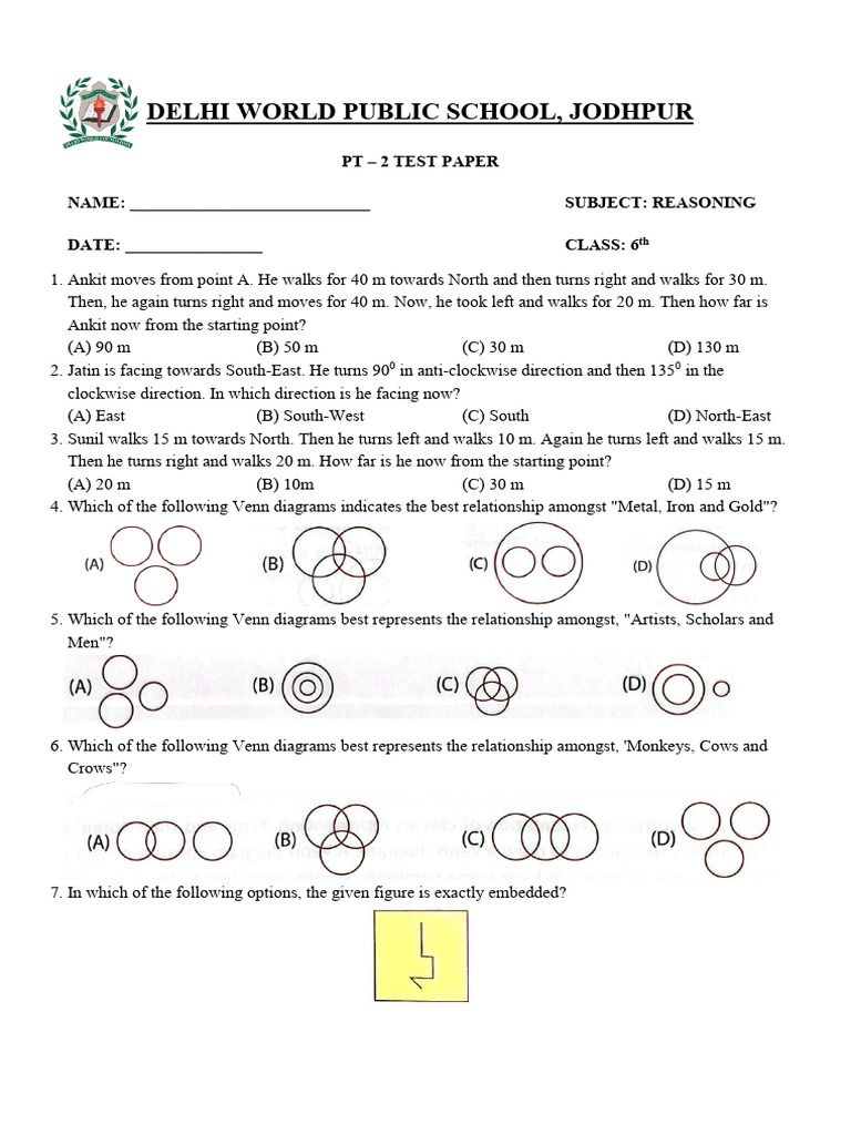 Class 6 Reasoning Test Paper | PDF