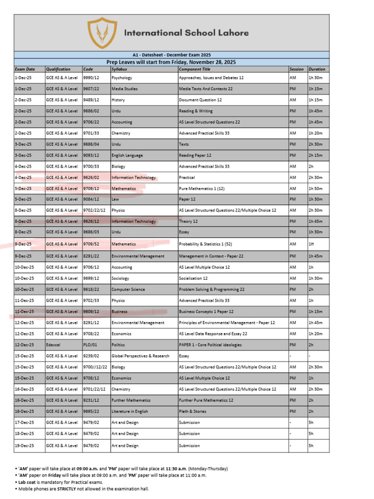December 2025 Exam Datesheet | PDF | Mathematics | Science