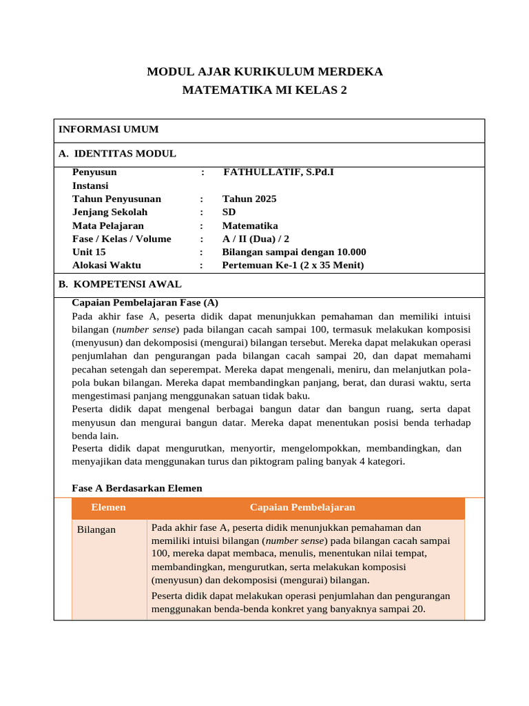 Modul Ajar Matematika Kelas 2 SD | PDF