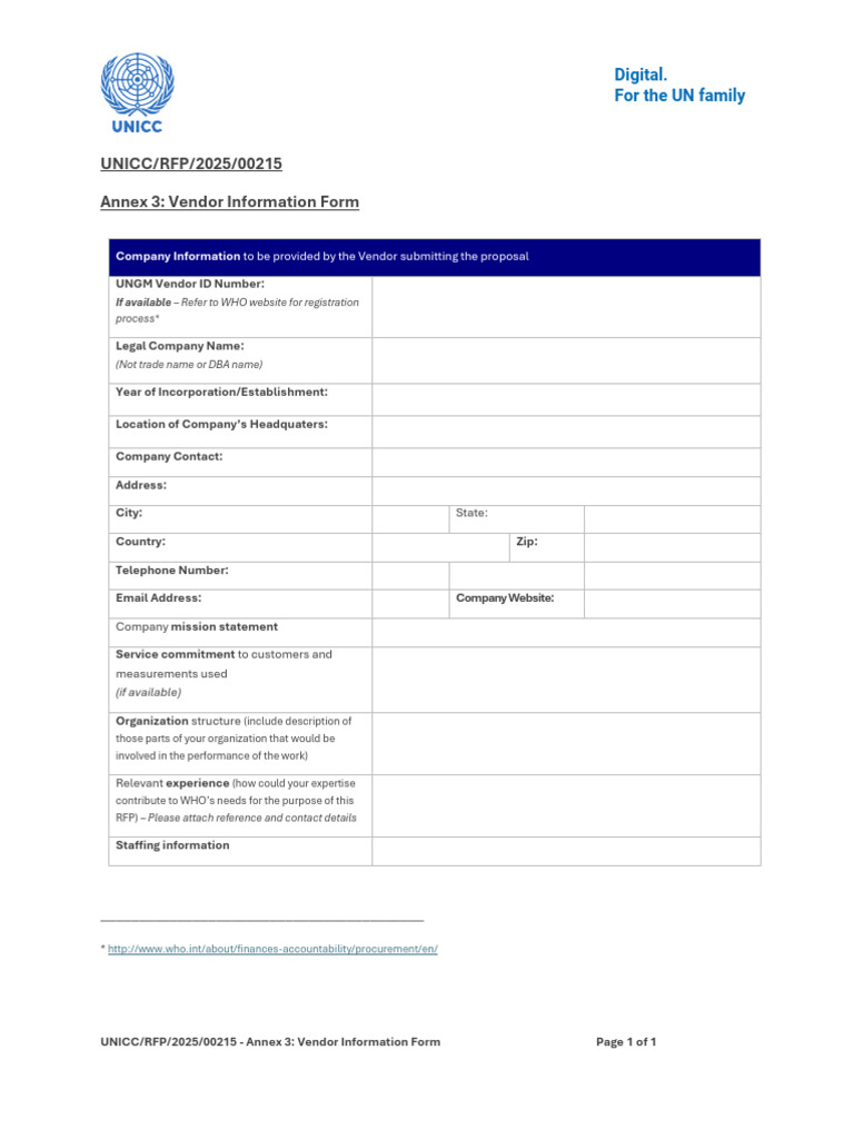 Vendor Information Form for UN RFP 2025 | PDF