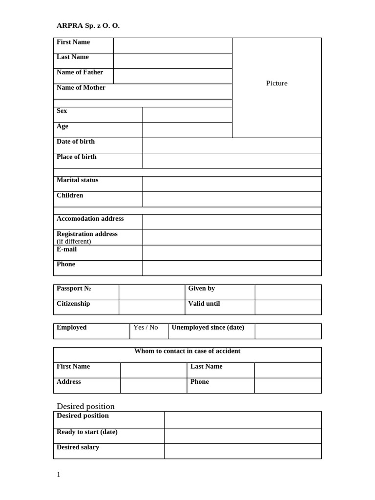 ARPRA Sp. z O. O. Employment Application | PDF