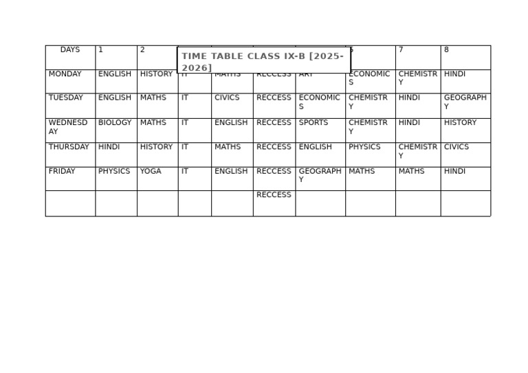 Class IX-B Timetable 2025-2026 | PDF