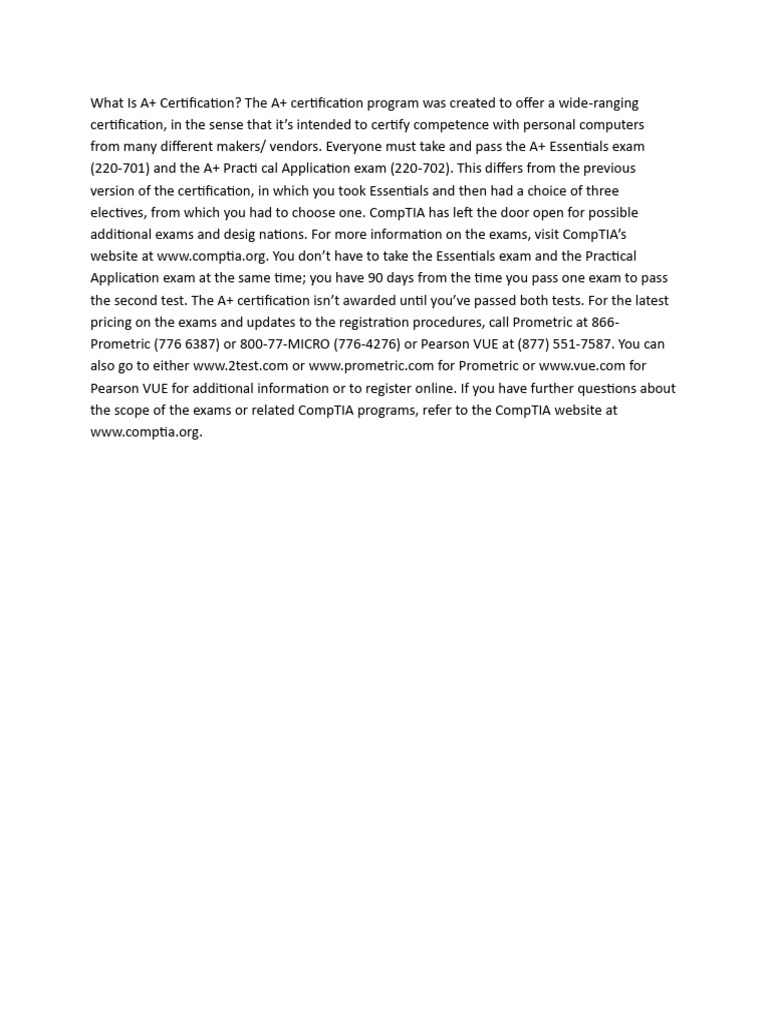 A+ Certification Overview and Exams | PDF