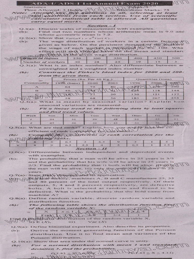 Past Paper BA BSC University of Sarghoda Statistics Paper A 2020 | PDF