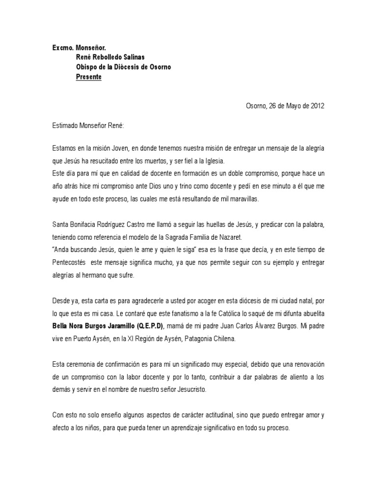 Carta De Agradecimiento Al Obispo De Osorno RenÉ Rebolledo Jesús