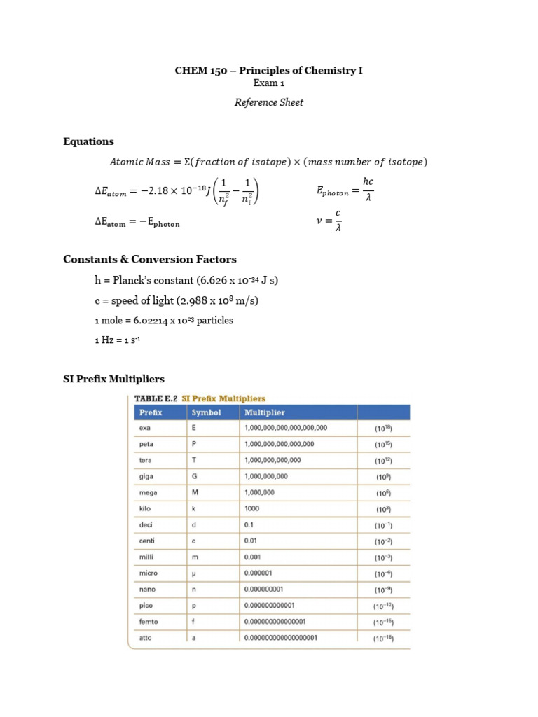 Chemistry 150 Exam 1 Reference Guide | PDF