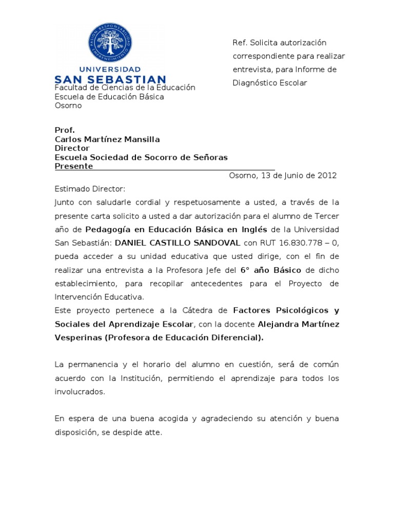 Carta Solicitud Al Director de La Escuela Sociedad de Socorro.
