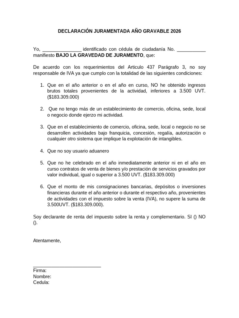 Declaración Juramentada IVA 2026 | PDF