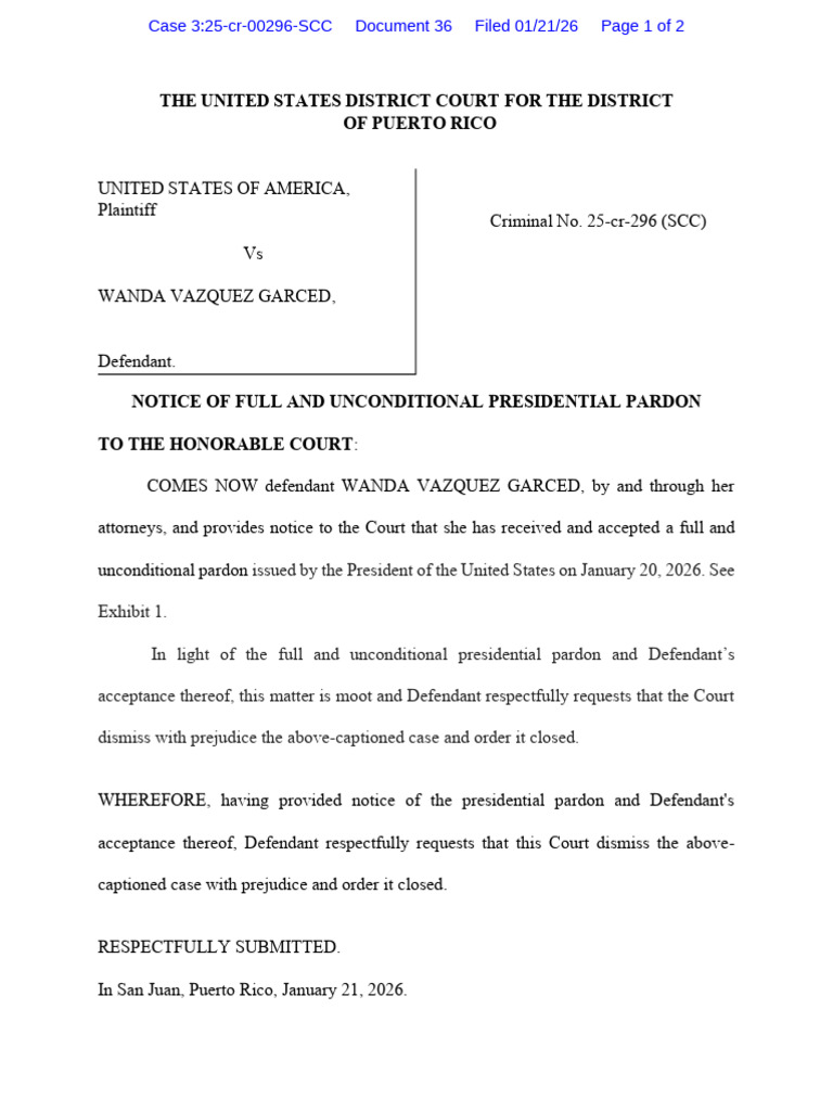 Wanda Vazquez Garced Presidential Pardon Notice | PDF | Federal ...