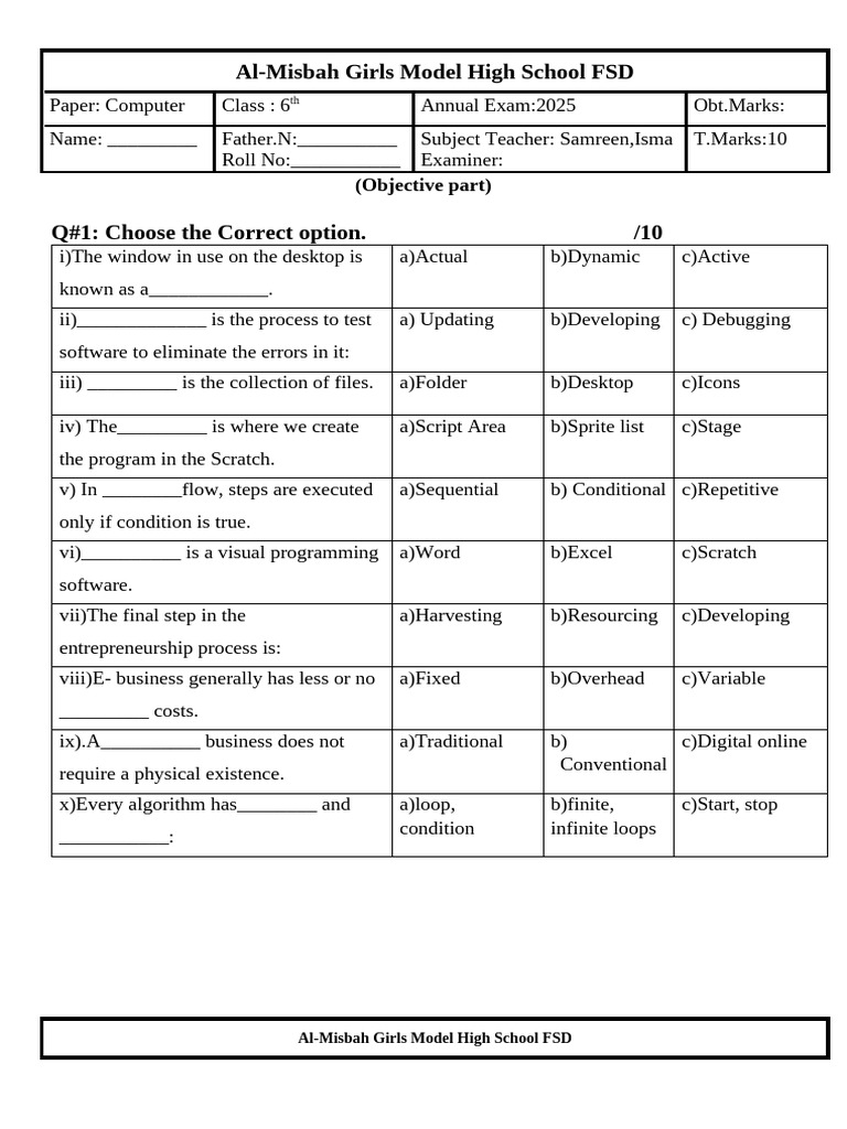 6th Grade Computer Exam Paper 2025 | PDF | Entrepreneurship | Computer ...