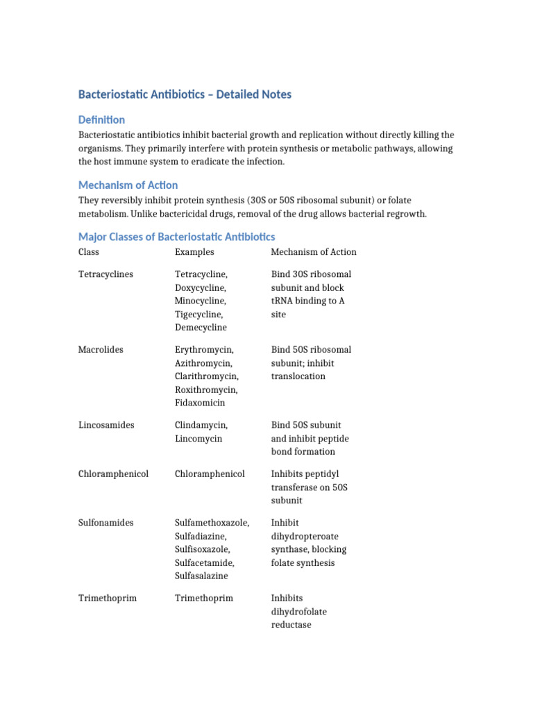 Bacteriostatic Antibiotics Overview | PDF | Antibiotics | Biochemistry