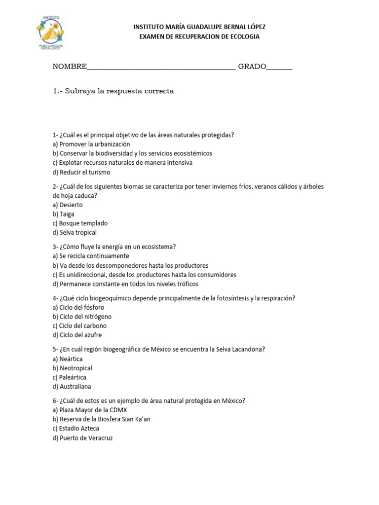 EXMEN de Ecologia_111423 | PDF | Ecología | Entorno natural