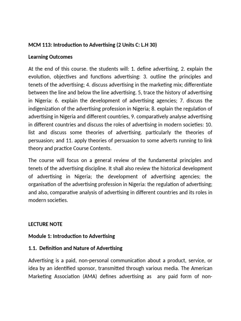 Introduction to Advertising Course Overview | PDF | Advertising | Brand