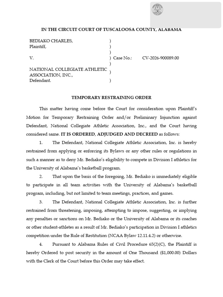 Alabama Court Grants Bediako TRO Against NCAA | PDF | Virginia Circuit ...