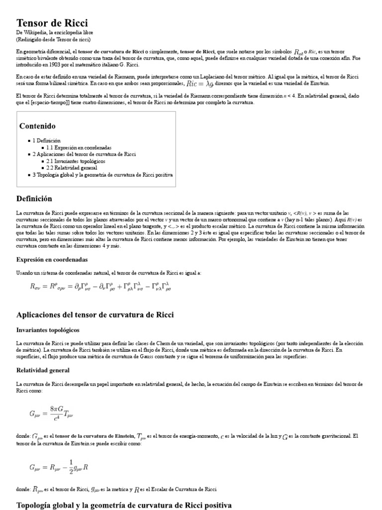 Tensor de Ricci - Wikipedia, La Enciclopedia Libre | PDF | Espacio ...