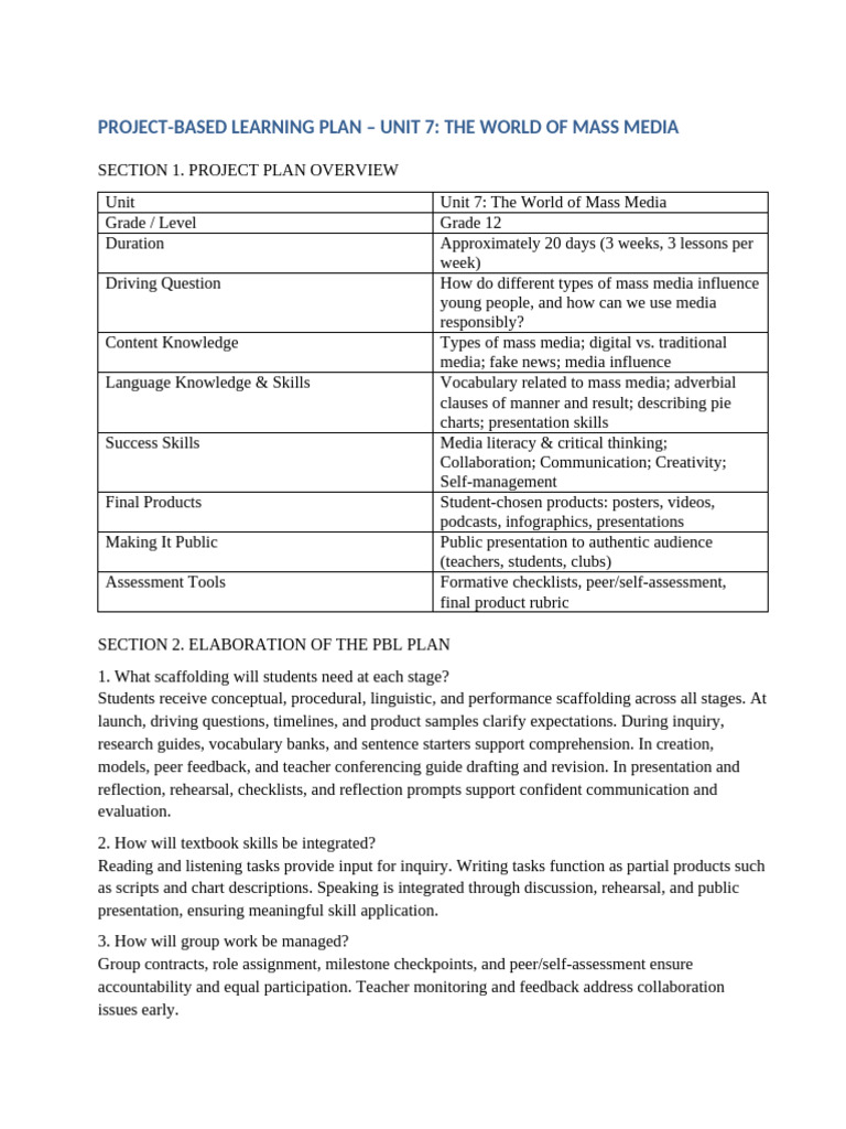 Grade 12 Mass Media Project Plan | PDF | Learning | Cognition