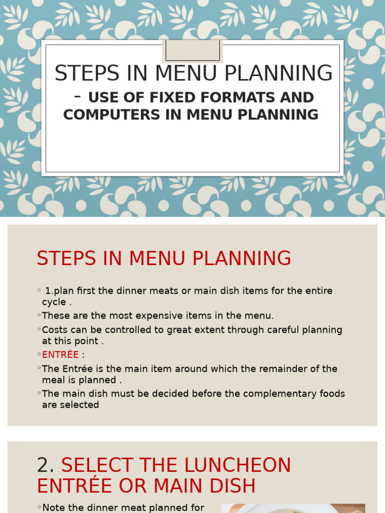 Menu Planning Steps and Techniques | PDF | Meal | Lunch