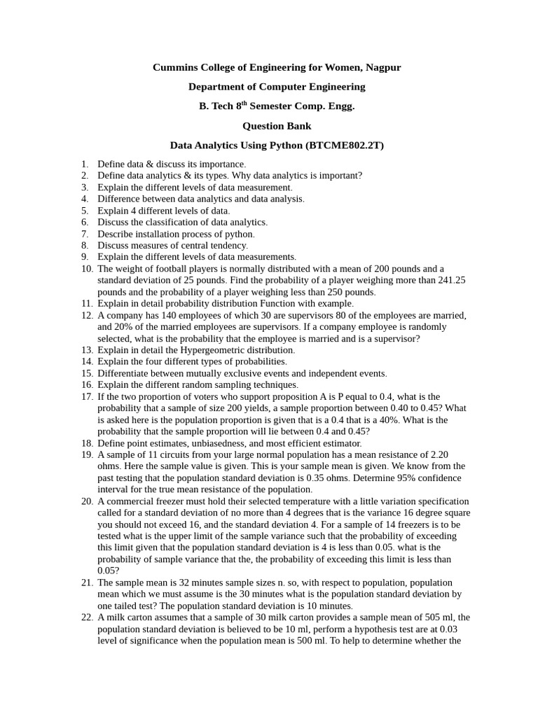 Data Analytics Questions for Python B.Tech | PDF | Cluster Analysis ...