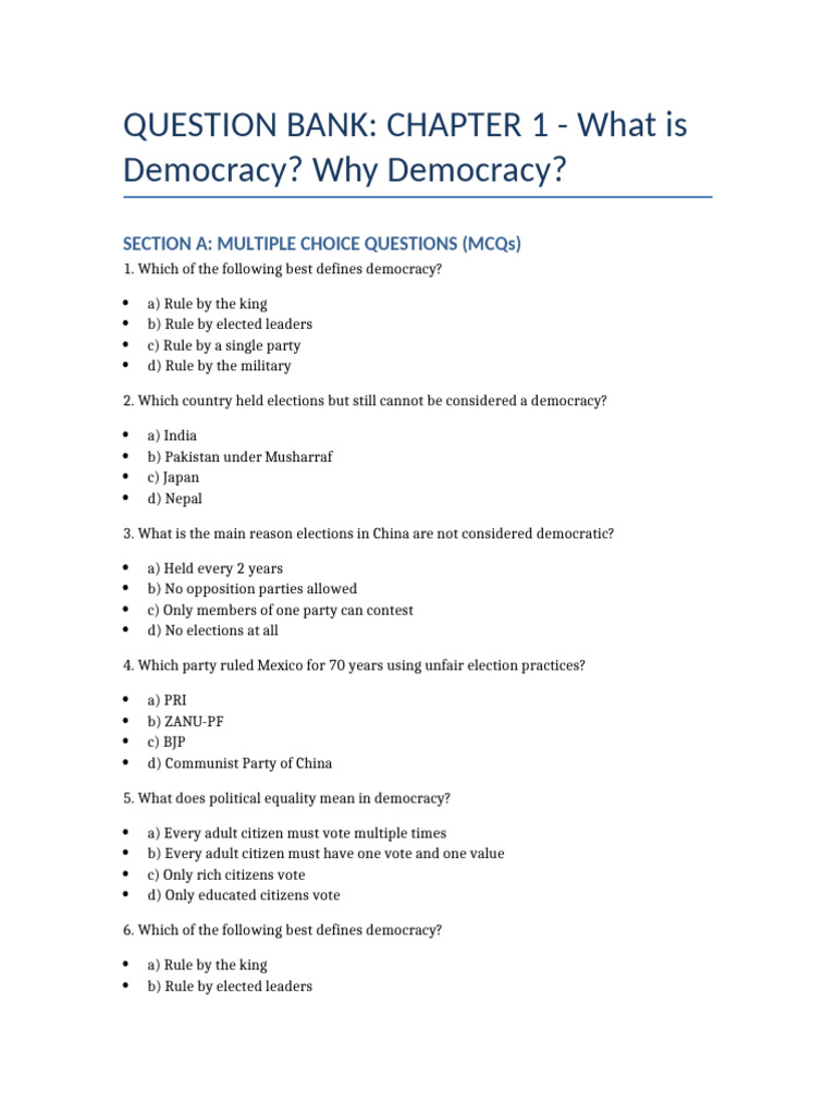 Democracy MCQs: Understanding Concepts | PDF | Elections | Democracy