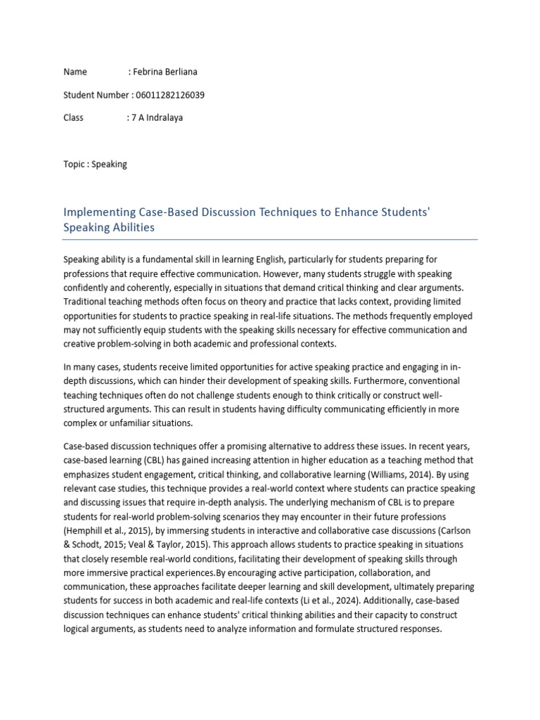 Case-Based Techniques for Speaking Skills | PDF | Critical Thinking ...