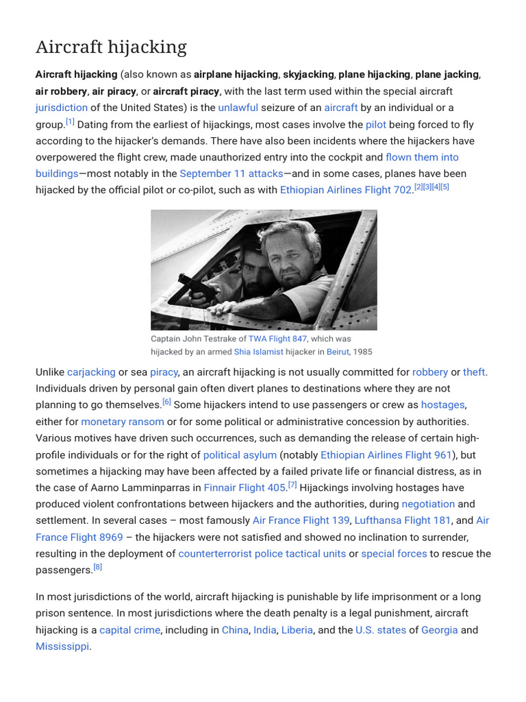 Overview of Aircraft Hijacking History | PDF | Aircraft Hijackings ...