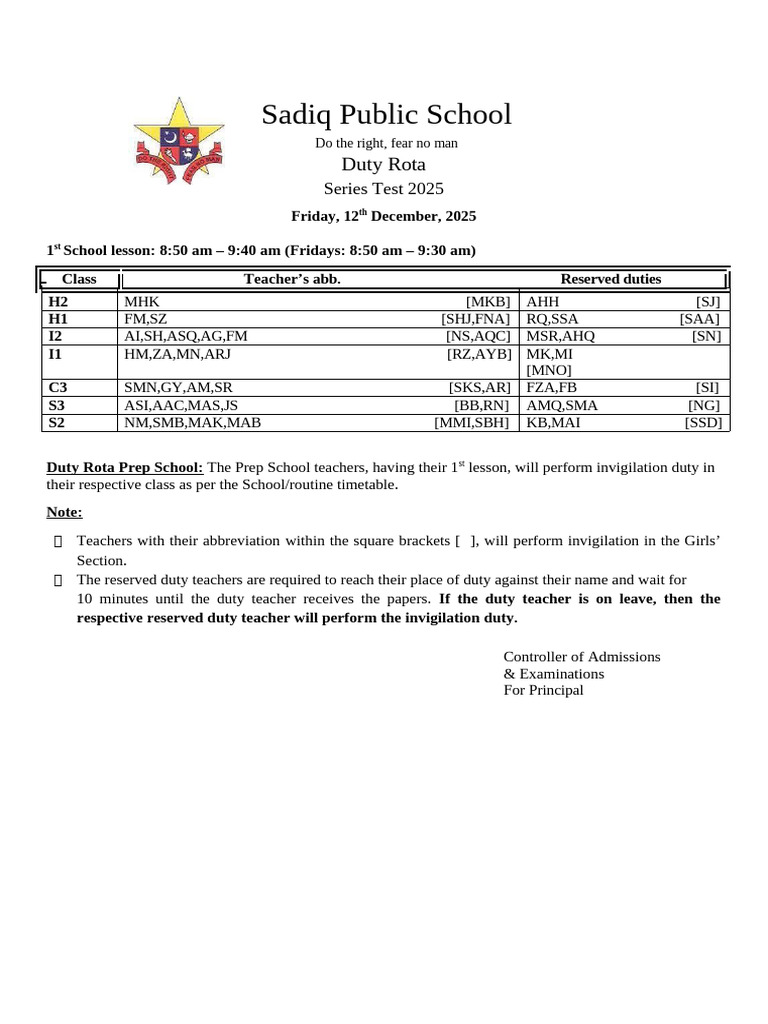Sadiq Public School Duty Rota 2025 | PDF